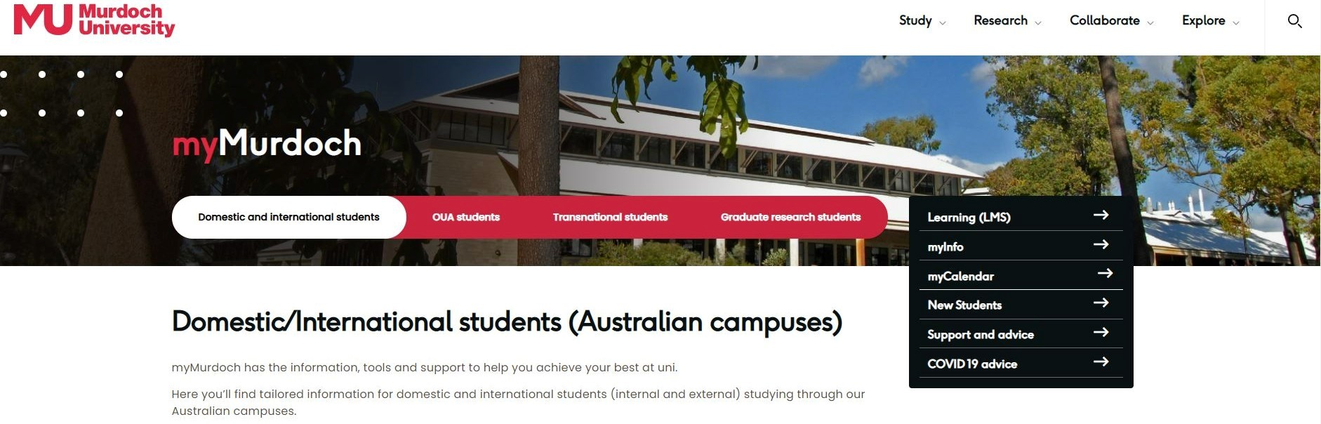 Screenshot of new student portal
