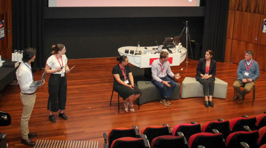 Dr Jomana Al-Nu'airat, PVC of Aboriginal and Torres Strait Islander Education and Leadership Professor Chanelle van den berg, Executive Dean of the College of SHEE Professor Jonathan Hill, and Dr Craig McIntosh sitting together for the panel discussion..