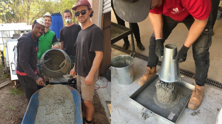 Students mix and test concrete make from fly-ash