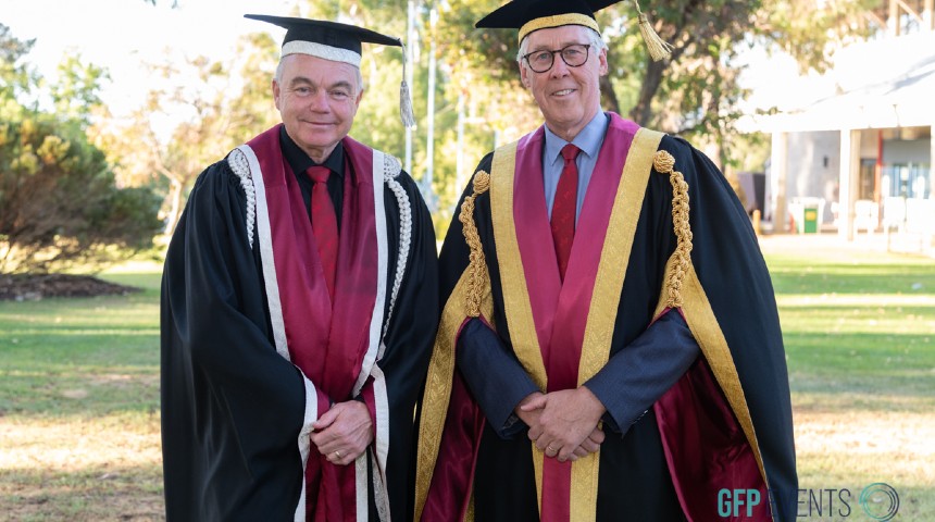 Murdoch University Vice Chancellor Andrew Deeks and Chancellor Gary Smith pictured at the 2023 graduation ceremonies.
