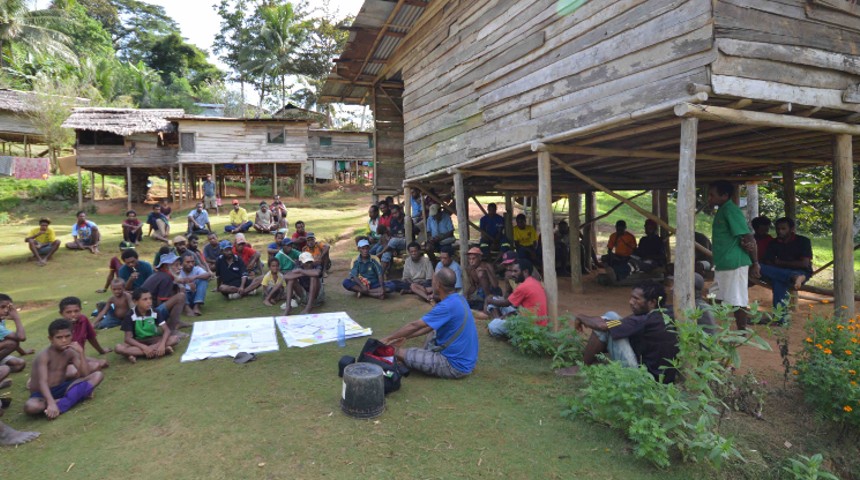 Trad Village men's briefing Papua New Guinea (PNG).