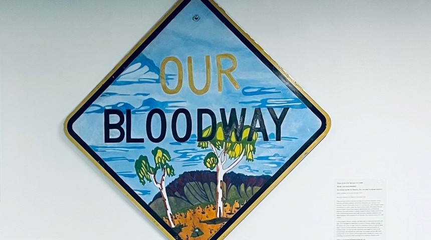 Our Bloodway signage artwork by Iltja Ntjarra artists.