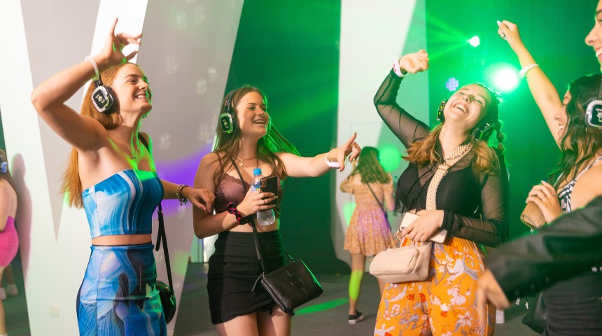 Teenagers partying at the Silent Disco area at Sound On Festival 2021