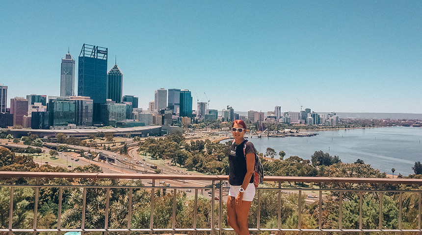 International student Rebecka Hillbertz posing at King's Park in front of Perth skyline