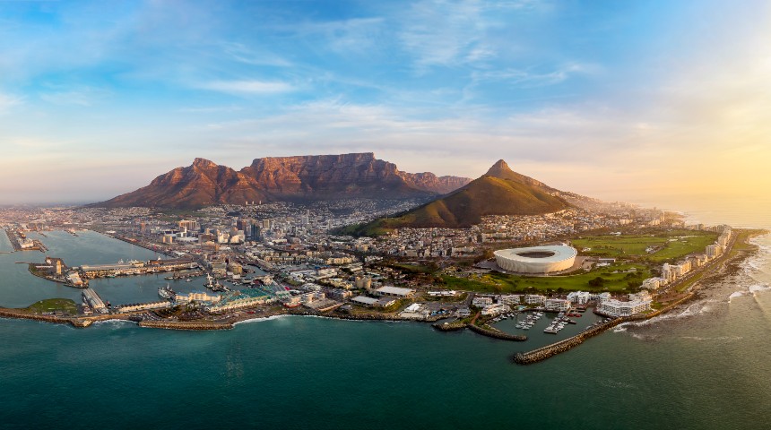 establishing aerial photograph of the city of Cape Town during sunset