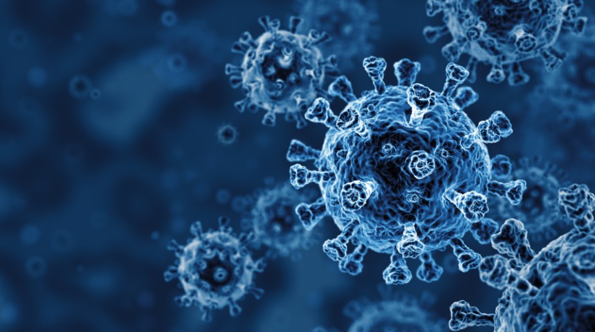 Coronavirus cells on a blue background