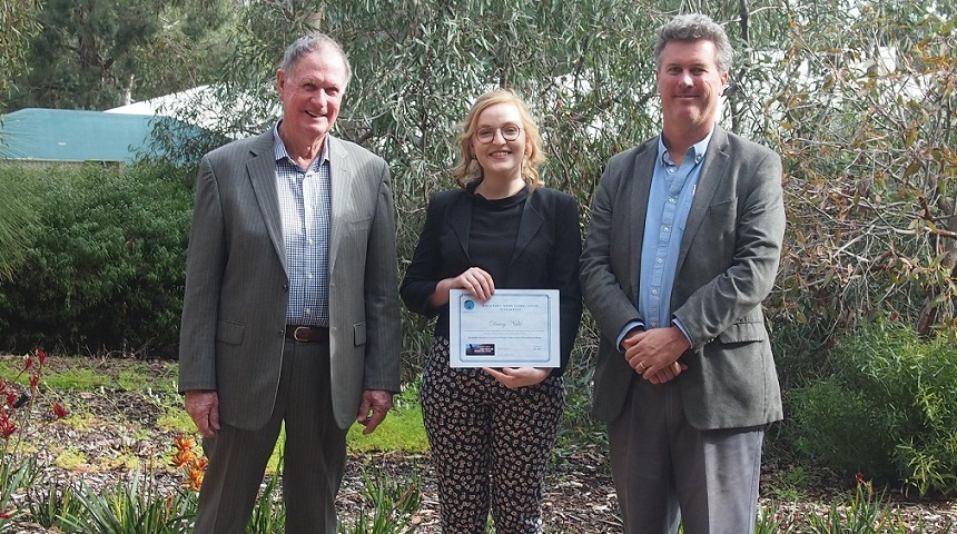Global Voices Scholarship recipient Darcy Nidd with Mal Nairn and Ben Reilly