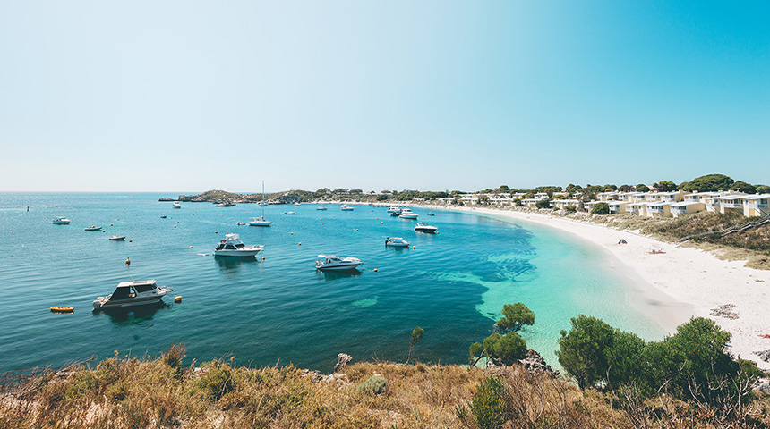 Photo of a bay with boats at Rottnest Island