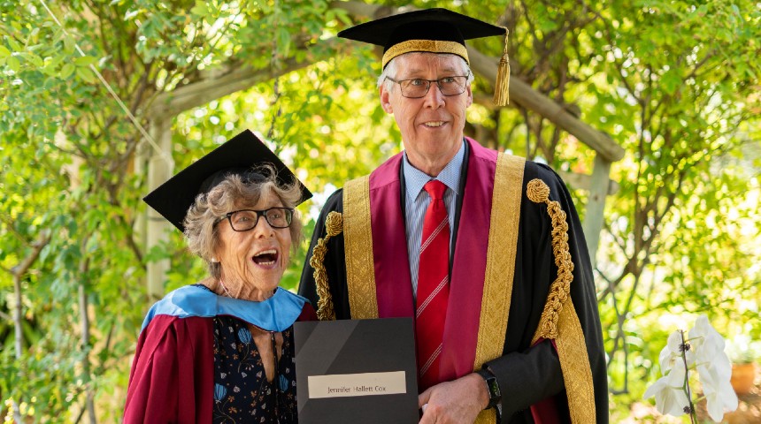 Jennie Cox and Chancellor Gary Smith and at-home graduation ceremony in Jennie's garden