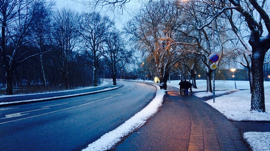Snow-lined streets on the walk to Lund University