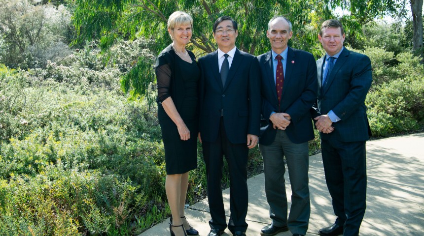 DVC International Lyn Karstadt, Qingdao Agricultural University President Song Xiyun, DVC Research and Innovation David Morrison and PVC Simon McKirdy, Harry Butler Institute 