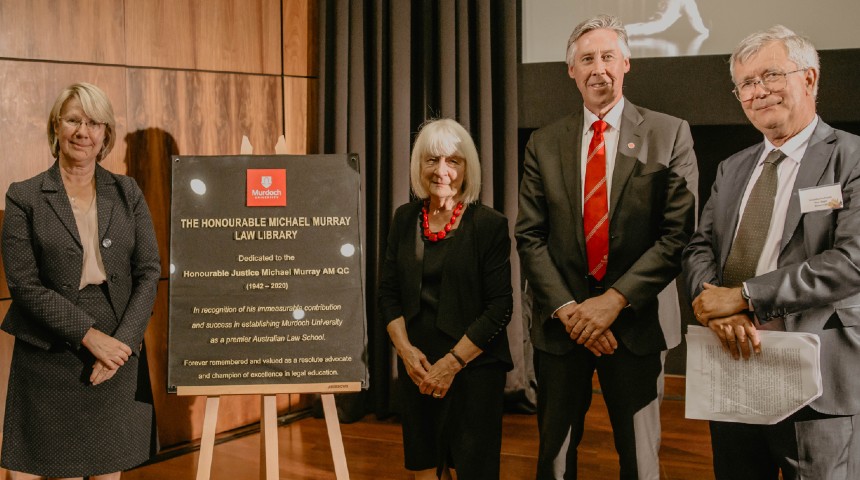 Murdoch University VC, Chancellor, Emeritus Professor and Justice Murray's wife stand by plaque