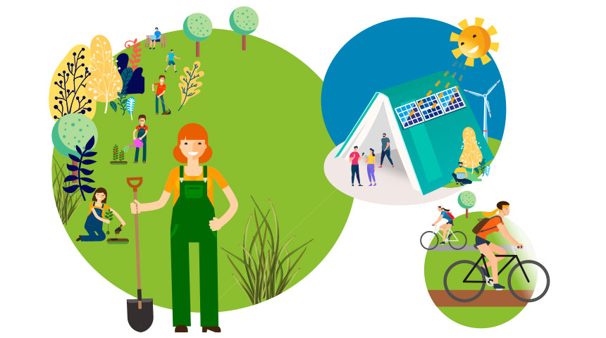 Illustration of eco-friendly life with people planting trees and using solar panels