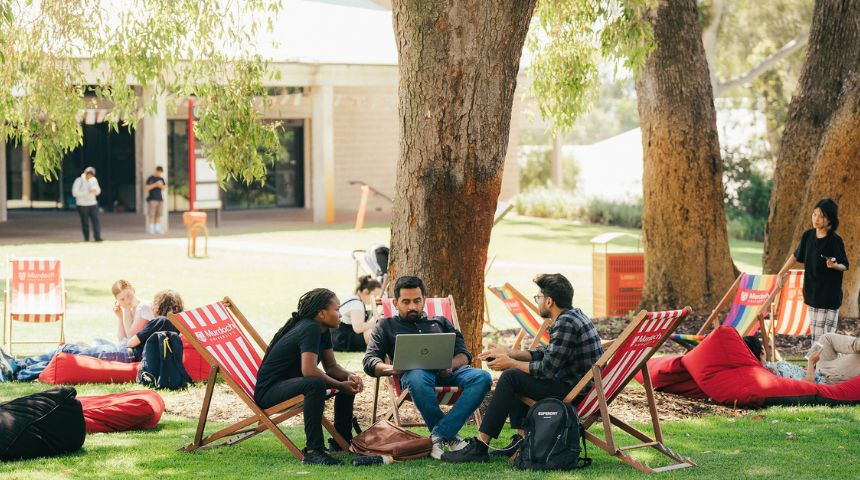 A group of Murdoch students studying outside on deck chairs in Bush Court
