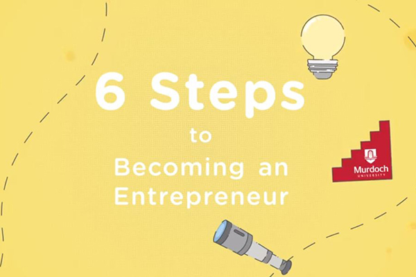 Animation still with light bulb and telescope on yellow background with the words 6 steps to becoming an entrepreneur