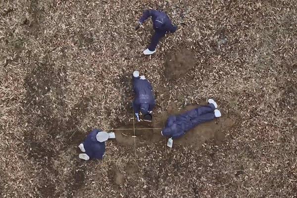 birds eye view of students excavating grave