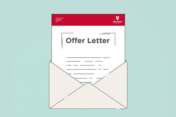 Animation of an open envelope with an Offer Letter with a Murdoch logo inside