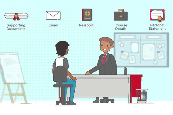 Animation still of a student meeting an agent with required documents hovering above