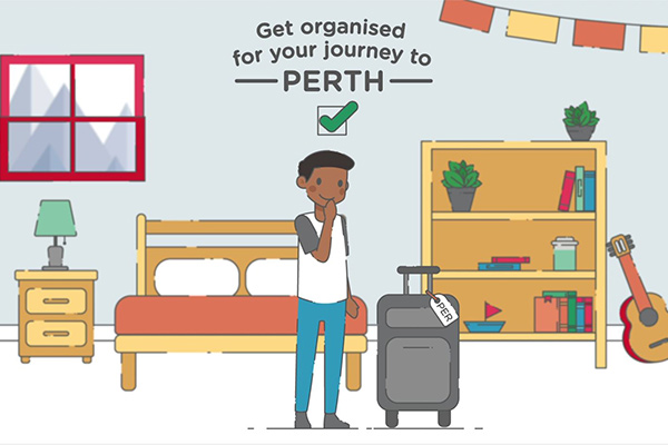 Animation still of a student in their bedroom with a piece of luggage marked for Perth