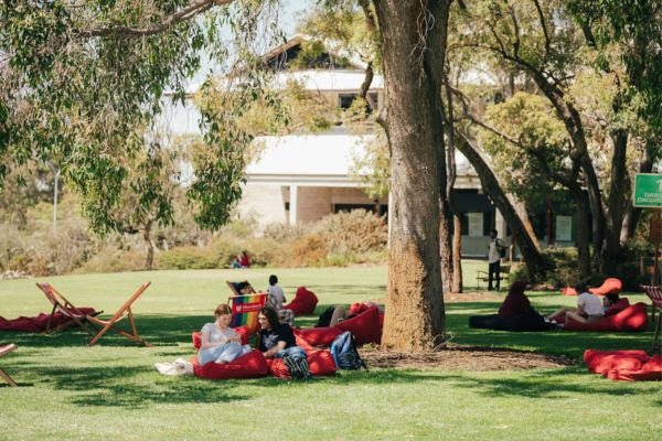 A group of Murdoch students relaxing on bean bags and deck chairs in Bush Court
